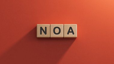 Lettering noa on wooden cubes.close up of wooden elements,Business Concept.3D rendering on red background. clipart