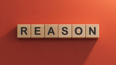 Mantık sembolü. Ahşap küp kavramını kavra. İş ve mantık kavramını. Boşluğu kopyala. Ahşap elementleri kapat, İş Konsepti 3D kırmızı arkaplanda canlandırma.