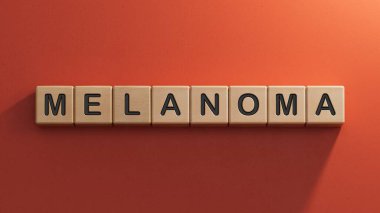 El, melanom harfinin yanına tahta bir küp koyuyor. Kelime ahşap küp üzerine yazılmıştır. Ahşap elementlere yakın plan, İş Konsepti 3D kırmızı arka plan üzerine yorumlama.