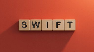 Ahşap küp bloğu, hızlı iş sözcüğü. Ahşap elementleri kapat, kırmızı arka planda 3D iş konsepti..