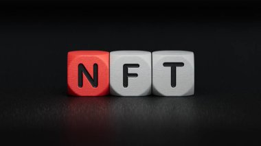 İş konsepti. Belgelerde, siyah arkaplanda NFT-İş Konsepti-3D yazılı küpleri gösteren bir büyüteç var..