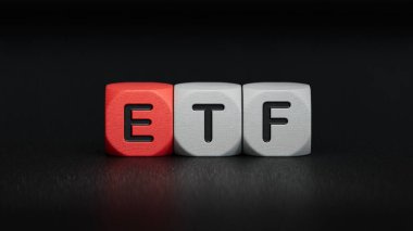 ETF - yapı taşları, metinler, harfler üzerine kelime kavramı. Ahşap elementlerin kapatılması, Siyah arkaplanda 3D İş Konsepti.