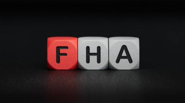 FHA sembolü. Tahta küpler FHA sözcüğünü, federal konut yönetimini oluşturur. Tahta elementlerin kapatılması, siyah arkaplanda 3D iş kavramı.