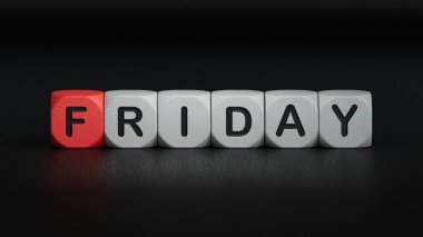 Cuma kelime konsepti. Tahta küpler, not defteri, kalem ve iş kartları. Ahşap elementlere yakın çekim, siyah arkaplanda 3D iş konsepti..