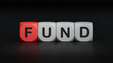 Ahşap Küple Yazılmış FUND Sözcüğü. Ahşap elementlere yakın plan, İş Konsepti 3D siyah arkaplan üzerine yorumlama.