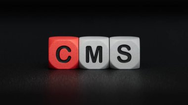 Tahta küplere cms harfi. Ahşap elementlere yakın, siyah arkaplanda 3D İş Konsepti.