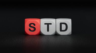 Tahta küple ilgili STD sözcüğü. Ahşap elementlere yakın çekim. Siyah arka planda 3D İş Konsepti..