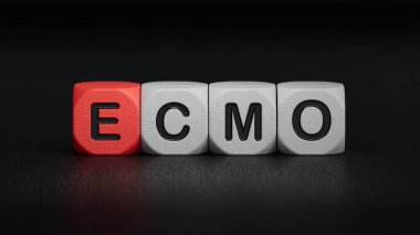 The word ecmo is written on wooden cubes . Medical concept.close up of wooden elements,Business Concept.3D rendering on black background.