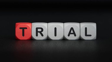 Duruşma, tahta zemin üzerine kelime küpü. Tahta elementlere yakın çekim, siyah arka planda 3D iş konsepti..