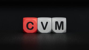 CVM yazılı tahta küpler. İlaçlar. Tıbbi kavram. Ahşap elementlere yakın çekim, siyah arkaplanda 3D iş konsepti..