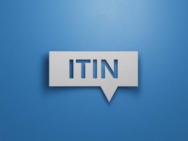 ITIN iş sözcüğüyle konuşma baloncuğu bloğu. Mavi arkaplanda beyaz kesimli en az özet tasarım..