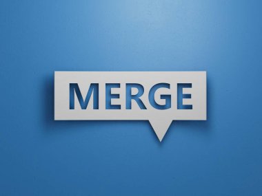 MerGE iş sözcüğüyle konuşma baloncuğu bloğu. Mavi arkaplan üzerinde beyaz kesimli 3D yazılı minimal soyut tasarım..
