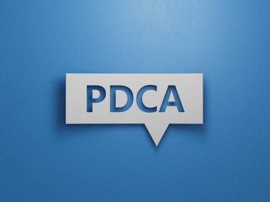 Speech Bubble block with PDCA business word.Minimalist Abstract Design With White Cut Out Paper.3D rendering on blue background. clipart