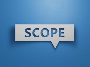 SCOPE iş sözcüğüyle konuşma baloncuğu bloğu. Mavi arkaplanda beyaz kesimli en az özet tasarım..