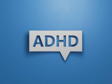 Üzerinde Adhd yazan küpleri. Özen kavramı. Minimalist Soyut Tasarım. Mavi arka planda beyaz kesimli 3D tasarım..
