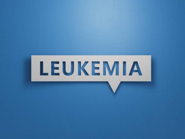 Doktor elinde kart tutuyor ve LEUKEMIA.Minimalist Soyut Tasarım kelimesine işaret ediyor. Mavi arka planda beyaz kesimli 3D tasarımı var..