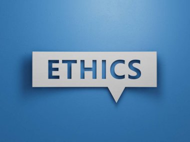 Kelime etiği ile konuşma balonu. Hayat sigortası ve sağlık sigortası kavramına yatırım. Mavi arka planda, beyaz kesimli, 3D yazılı, minimalist soyut tasarım..