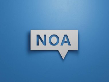 Konuşma baloncuğu üzerine noa harfleri. Minimalist Soyut Tasarım Beyaz Kesik Kağıt 3D ile mavi arkaplan.