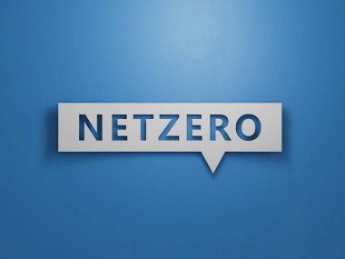 Karbondioksit salınımını azaltmak, iklim değişikliğini sınırlamak, küresel ısınma, net sıfır karbondioksit azaltımı kavramı. Mavi arkaplanda Yeşil Ağ Sıfır 3D simgesi.