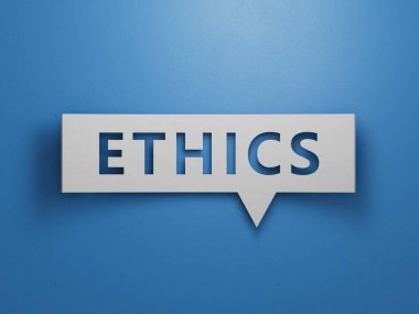 ETHICS 'i beyaz not defterine küp bloğu, hisse senedi konsepti ile birlikte yaz. Mavi arkaplanda beyaz kesimli, 3D yazılı, minimalist soyut tasarım.