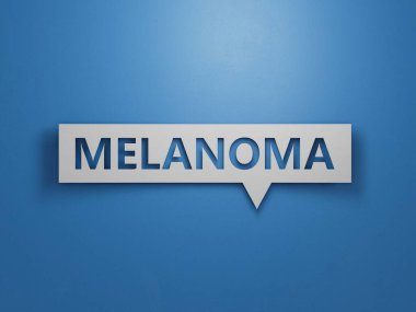 El, melanomun yanına bir Konuşma Baloncuğu koyar. Mavi arka planda, beyaz kesimli, soyut tasarım..