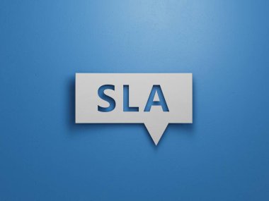 SLA harfli üç Konuşma Baloncuğu, Hizmet Seviyesi Anlaşması demektir. Mavi arkaplanda beyaz kesimli, soyut tasarım.