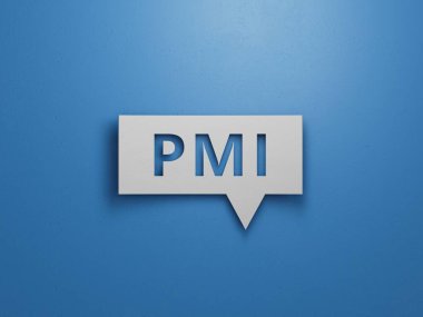 PMI harfleriyle konuşma baloncuğu. PMI - Proje Yönetimi Enstitüsü 'nün kısaltılmışı. Mavi arkaplandaki, beyaz kesimli 3D kağıtlı, minimum soyut tasarım..