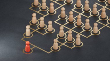 Piyonların sosyal ağdaki bilgi ve nüfuz yayılımı prensibini gösteren 3D çizimi siyah arkaplan üzerine işlenmiş.