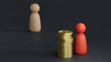 Finansal eşitsizlik. Düzensiz miktarda bozuk parası olan erkek ve kadın figürleri. Siyah arka planda 3 boyutlu görüntüler..