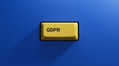 GDPR Sözcüğü Sarı düğmeyle yazıldı. Klavyenin kapatma düğmesi, İş Konsepti 3D görüntüleme mavi arkaplan.