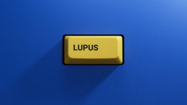 Lupus kelimesi sarı düğmeye basılı. Tıbbi kavram. Klavyenin kapatma düğmesi, mavi arkaplanda 3D İş Konsepti.