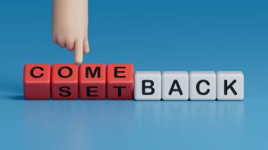 Geri dönüş ve gerileme sembolü. Sözcüklerin gerilemesi ve geri dönüşle küplere dönüştü. İş kavramı. Boşluk 3D görüntülemesini mavi arkaplana kopyala.