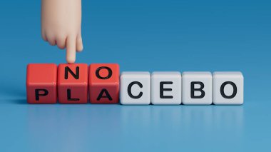 Nocebo, Placebo 'ya karşı. Doktor ahşap küpleri döndürür ve Placebo 'yu Nocebo' ya çevirir. Tıp konsepti. Boşluk 3D görüntülemesini mavi arkaplana kopyala.