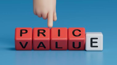 Fiyat ve Değer sembolü. Tahta bloklarda Price ve Değer kavramları. İş adamı eli. İş ve Fiyat ve Değer kavramı. Boşluk 3D görüntülemesini mavi arkaplana kopyala.