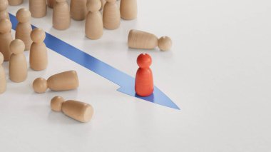 Kırmızı piyon dövüşü. Kalabalıktan uzak duruyor. İş stratejisi, dışarıdan birinin lider olması. Beyaz arkaplanda 3B görüntüleme.