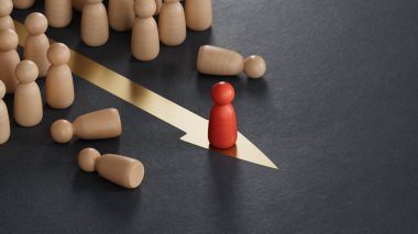 Kırmızı piyon dövüşü. Kalabalıktan uzak duruyor. İş stratejisi, dışarıdan birinin lider olması. Siyah arkaplanda 3B görüntüleme.