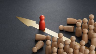 Kırmızı piyon dövüşü. Yabancı ve piyasa hakimiyeti kavramı. Ekonomik durum ve sosyal başarı siyah zemin üzerine işlenmiş 3D.