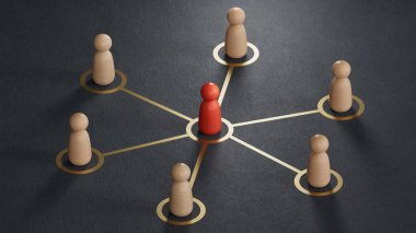 Bir grup çizgi film karakteri - sosyal ağ konsepti. Ekonomik durum ve sosyal başarı siyah zemin üzerine işlenmiş 3D.