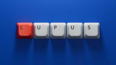 LUPUS sözcüğü bloklama ile yapılır. Bilgisayar klavyesinin anahtarlarını kapat, mavi arkaplanda 3D İş Konsepti yorumlaması.