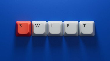 Hızlı iş sözcüğüyle bilgisayar klavyesi tuşları. Bilgisayar klavyesinin anahtarlarını kapat, mavi arkaplanda 3D İş Konsepti yorumlaması.