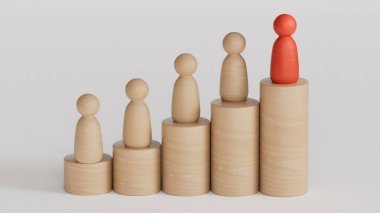 Liderlik ve büyüme konsepti, satrancın kırmızı piyonu, piyon kalabalığının önünde duruyor, sağ tarafta boş kopya alanı beyaz arka planda canlandırılıyor..