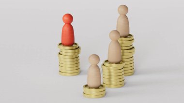 Düşük ve yüksek maaşlar, iş rekabeti, kişisel finansal başarı. İş başarısı kavramına sahip liderlik. Beyaz arkaplanda 3B görüntüleme.