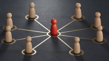 Bir grup çizgi film karakteri - sosyal ağ konsepti. Ekonomik durum ve sosyal başarı siyah zemin üzerine işlenmiş 3D.