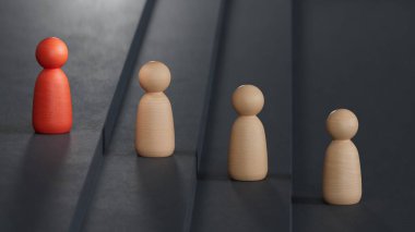 Liderlik ve büyüme konsepti, satrancın kırmızı piyonu, piyon kalabalığının önünde duruyor, sağ tarafta boş kopya alanı siyah arka planda..