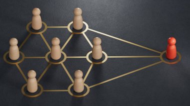 Soyut topluluktaki bağlantı ya da bağlantı kavramı. İş dünyasındaki başarı kavramına sahip liderlik. Siyah arkaplanda 3B görüntüleme.