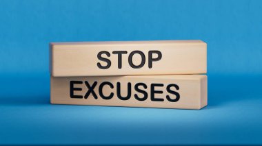 Stop excuses symbol. Concept words Stop excuses on wooden blocks. Business and Stop excuses concept. Wooden cube blocks. Copy space.3D rendering on blue background. clipart