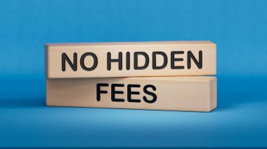 Gizli ücret sembolü yok. Sözcük: Ahşap bloklarda gizli ücret yok. İş ve gizli ücret konsepti yok. Boşluk 3D görüntülemesini mavi arkaplana kopyala.