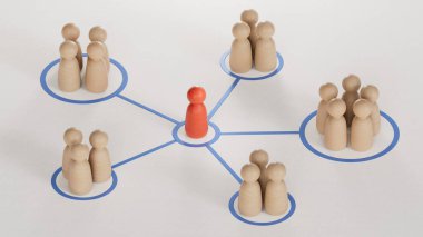 Bir lider tarafından yönetilen organize gruplar. Piyonların farklı renklerde 3 boyutlu ilüstrasyonu. İş dünyasının liderliği, beyaz arkaplanda 3D tasviri..