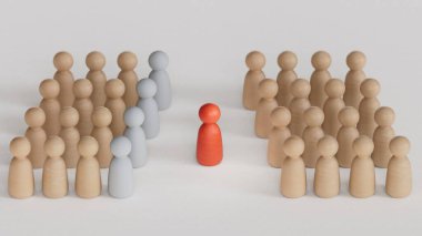 Kalabalıktan uzak dur. Takım grubunda farklı kişi figürü. İş dünyasının liderliği, beyaz arkaplanda 3D tasvir edilmiş..