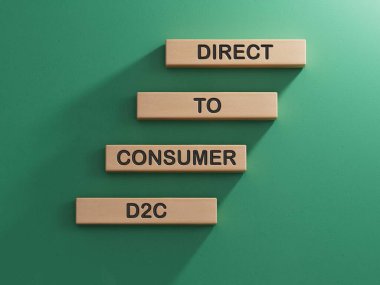 wooden cubes with the word D2C - acronim Direct to Consumer. Strong business concept.3D rendering on green background. clipart